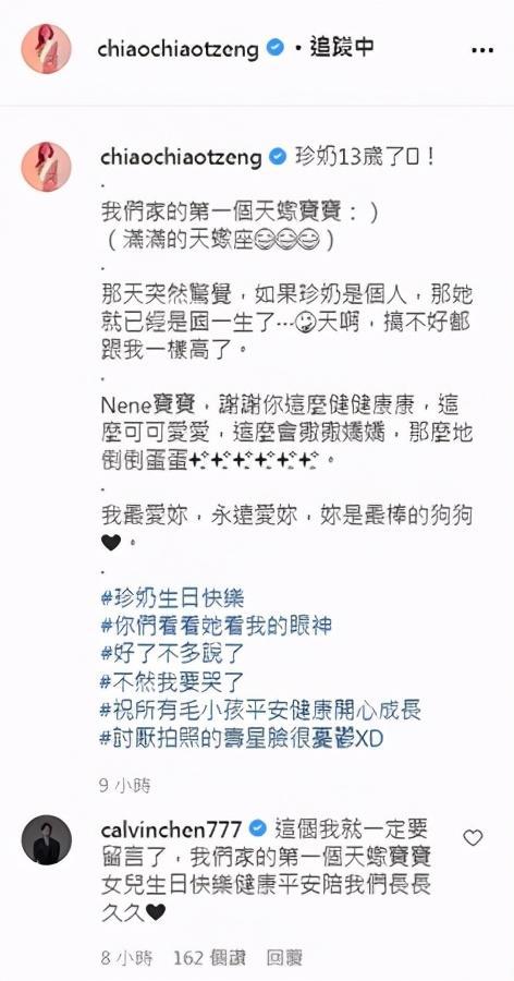 曾之乔发文庆爱犬生日 我们家第一个天蝎宝宝 辰亦儒也留言回应