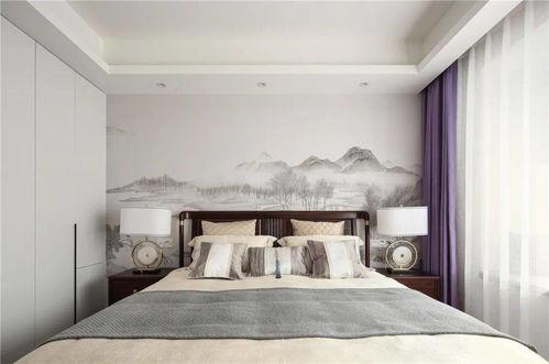 简中式风三居案例装修图,卧室的紫色窗帘,看起来特别不错