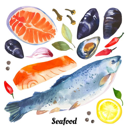 手绘海鲜水产鱼虾蟹餐厅插图图形海报包装AI矢量设计素材 海洋主题矢量插画 
