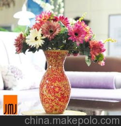 杰美佳 j 0023精美红黄点碎玻璃贴制花瓶 台面花器 家居装饰