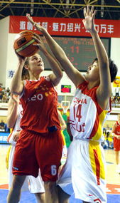 中国女篮夺冠 张晓妮防守对方球员进攻 