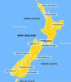 新西兰旅游地图,标题：新西兰旅游地图指南