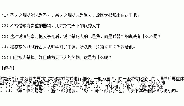 把下列课文中的句子翻译成现代汉语. 1 圣人之所以为圣.愚人之所以为愚.其皆出于此乎 2 不爱珍器重宝.以致天下之士 3 是何异于刺人而杀之.曰 非我也.兵也 