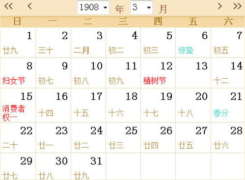 1908全年日历农历表 