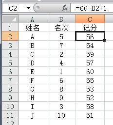 在Excel表中如何实现以下内容 给取得第一名的同学记60分,第二名的同学记59分,第三名的同学记58分,以后以此类推 谢谢 