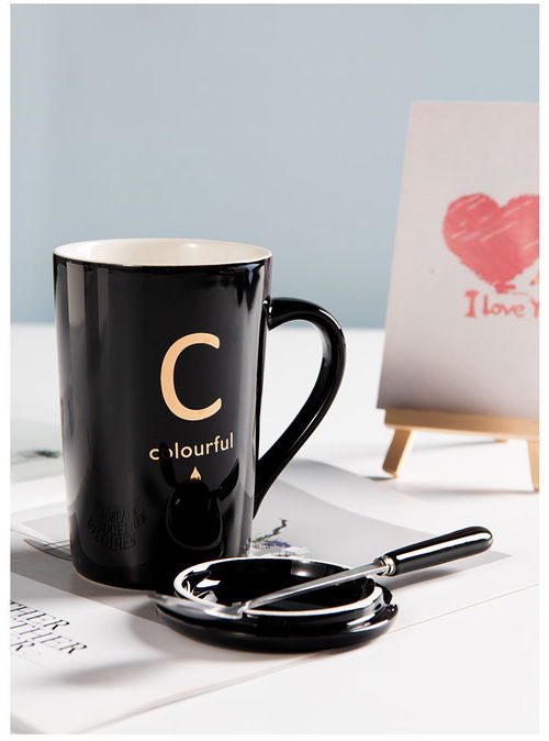 水杯创意情侣陶瓷马克杯带盖勺个性字母杯子男女家用牛奶咖啡定制