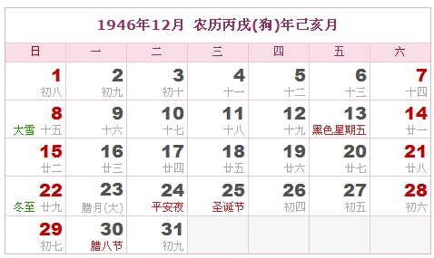 1946年日历表 1946年农历表 1946年是什么年 阴历阳历转换对照表 