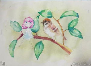 女孩和小鸟图片 水彩画入门临摹图片