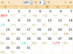 1971全年日历农历表 