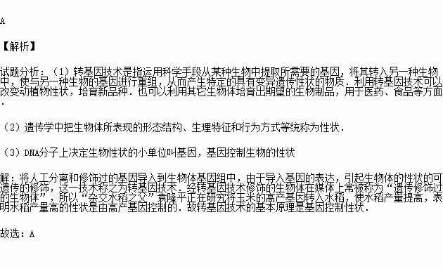 袁隆平梦想将高粱的高产基因.固氮菌的固氮基因一并转入水稻.并使其在水稻中表达.如若梦想成真.这不仅提高产量.还能减少化肥的使用.实现绿色环保低成本优质生产.你认为这种转基因技术的基本原理是 