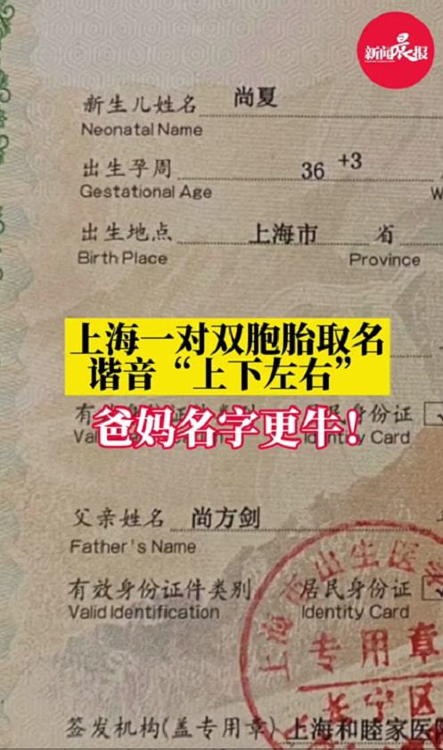 上海 双胞胎被取名谐音 上下左右 ,没想到父母的名字才是亮点