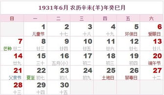 1931年日历表,1931年农历表