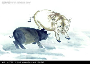 两头 小猪水墨画 图片 传统书画 吉祥图案 艺术图 