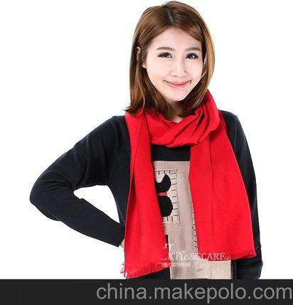 经典红色围巾 中国红本命年围巾 真丝拉绒加长围巾 纯色围巾
