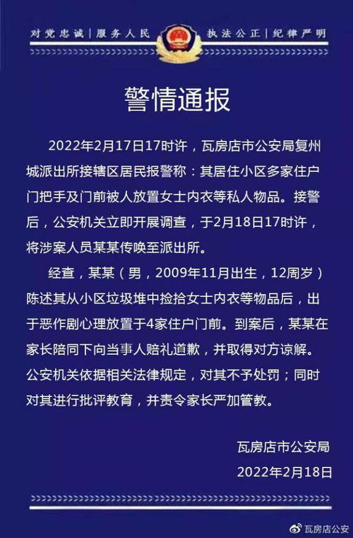 瓦房店警方 12岁男童拾捡女士内衣后恶作剧,已批评教育