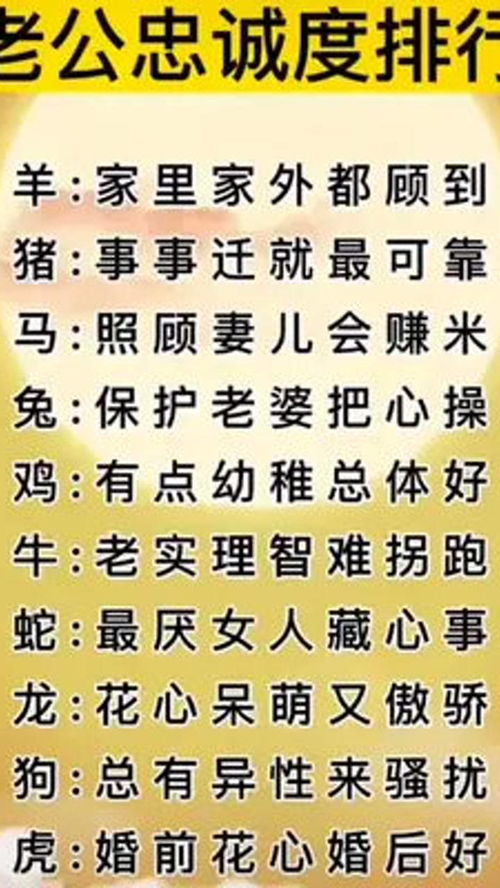 十二生肖老公忠诚度排行羊 家里家外都顾到猪 事事迁就最可靠马 照顾妻儿 