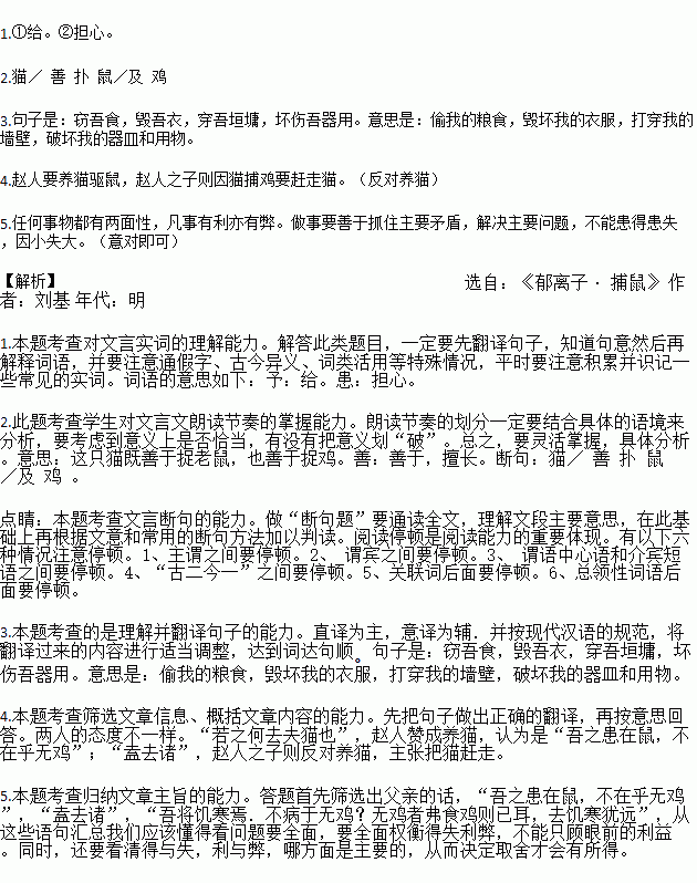 文言文阅读.赵人患鼠.乞猫于中山①.中山人予之.猫善扑鼠及鸡.月余.鼠尽而鸡亦尽.其子患之.告其父曰 盍去诸② 其父曰 是非若所知也.吾之患在鼠.不在乎无鸡 