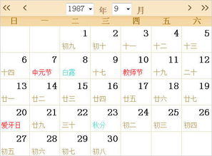 1987全年日历农历表 