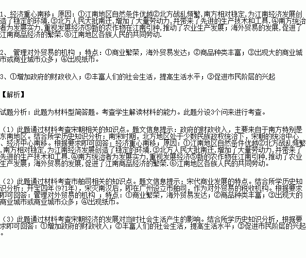 阅读下列材料材料一 宋代.从越南引进的占城稻.很快在江南地区推广.南方的水稻已是全国产量最多的粮食作物.民间流传着 苏湖熟.天下足 的谚语.南方的棉纺业.丝织业 