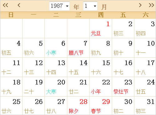 1987全年日历农历表 