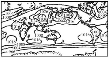 读图回答下列问题 1 图中A表示的气压中心叫 ,该气压区域形成的大气运动形式叫 . 2 图中以B为中心的气压区域叫 .它属于被分裂为块状的某气压带.该气压带叫做 