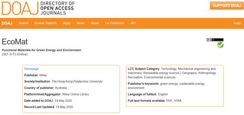 EcoMat被国际知名数据库DOAJ收录