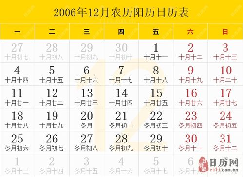 2006年12月日历表