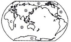 读 世界大洲.大洋分布图 .回答以下问题 1 填出图中数字所代表的大洲.大洋名称 ⑤ .⑥ . 2 图中字母A代表 运河.是 洲和 洲的分界线. 3 ③大洲的地势特征是 