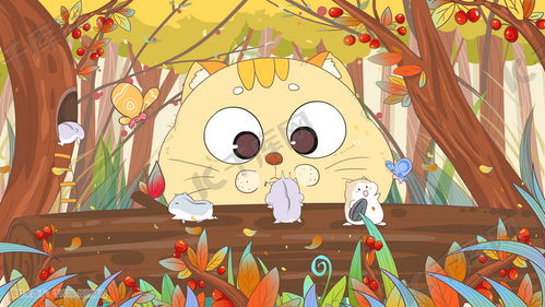 秋天秋分浆果树从可爱猫抓蝴蝶老鼠儿童绘本插画图片 千库网 