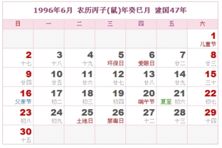 1996年日历表 1996年农历表 1996年是什么年 阴历阳历转换对照表 