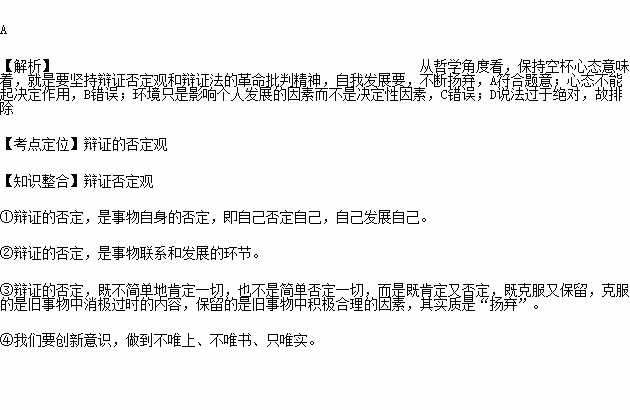 空杯心态 就是要把自己想象成 一个空着的杯子 .清空自己的杯子.方能再行注满.空无以求全.从哲学角度看.保持空杯心态意味着A.自我发展要不断扬弃 B.自我发展由心态决定 