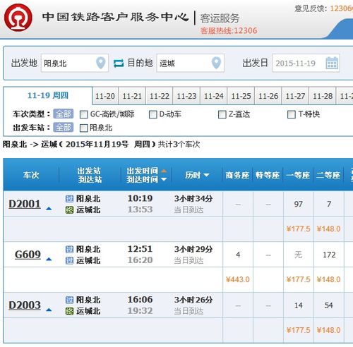 阳泉北站到运城北站的高铁2015年11月19日下午16点多有车吗 