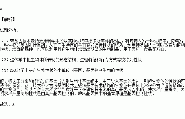 袁隆平梦想将高粱的高产基因.固氮菌的固氮基因一并转入水稻.并使其在水稻中表达.如若梦想成真.这不仅提高产量.还能减少化肥的使用.实现绿色环保低成本优质生产.你认为这种转基因技术的基本原理是 