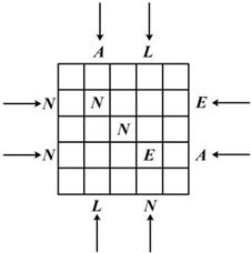 如图.用L.A.N.E这四个字母来填充正方形网格.要求网格中每一个格子包含一个字母或者一个空格.每一行.每一列都恰好包含四个字母L.A.N.E以及一个空格.在网格外的字母表示从对应箭头方向看过去第一个遇到的 