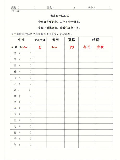 一年级下识字表查字典完整表格200字 重点 