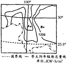 如图是我国某地区太阳年辐射总量分布图.读图完成3 4题.3.若图中等值线等差值为300,则图中AB两地太阳 