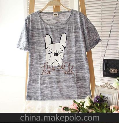 韩版2014夏季新款萌狗图案拼蕾丝挽袖短袖T恤女小宽松版型