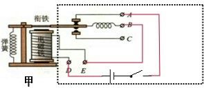 如图乙所示是直流电铃的原理图.衔铁B与弹簧片A相连.接通电源后电磁铁吸引衔铁,敲击铃碗发声,但同时衔铁与螺钉分离 弄懂原理后,请你在图甲的继电器上连接几条导线,它就成了一个电铃 
