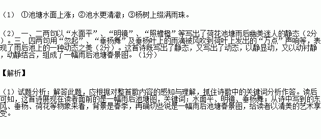 阅读下面的文字.完成后面的问题.雨后池上刘攽一雨池塘水面平.淡磨明镜照檐楹.东风忽起垂杨舞.更作荷心万点声. 1 诗题为.那么.诗中从哪些方面表现了 雨后 二字 