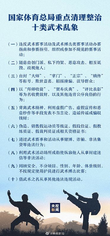 国家体育总局 重点清理以拜师收徒为名敛财等武术乱象