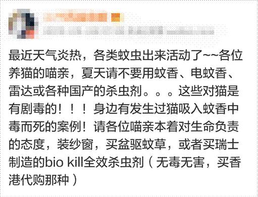 警报 猫闻过驱蚊蚊香会中毒 严重可致死 