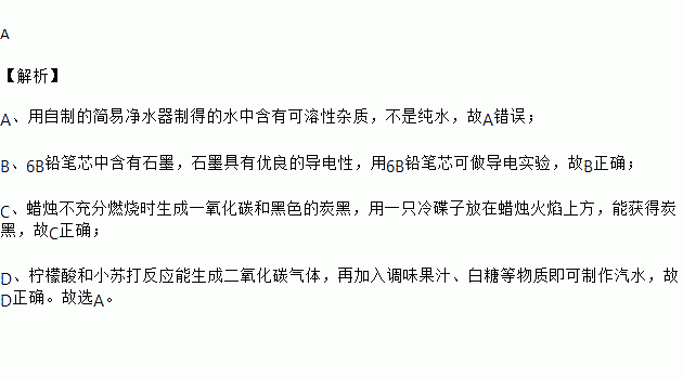 根据实践经验.下列课外实验不能成功的是 A. 用自制简易净水器制纯水B. 用6B铅笔芯做导电实验C. 冷碟子在蜡烛火焰上方制炭黑D. 用白糖.果汁.小苏打.柠檬酸 