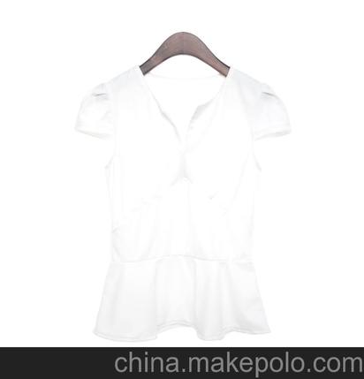 2013夏装新款韩版女装修身领口开叉荷叶边下摆气质淑女衬衫