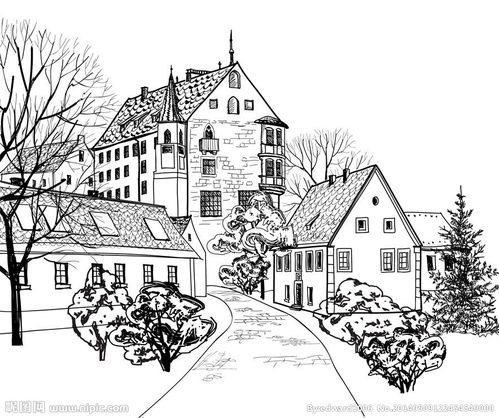 手绘素描建筑街道楼房图片 
