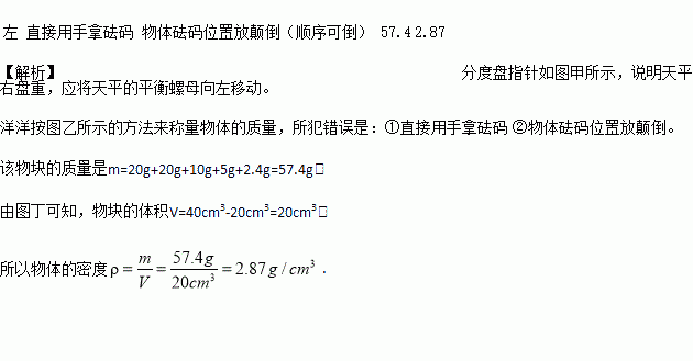 洋洋同学在用天平和量筒测量物体密度的实验中.首先取来托盘天平放在水平桌面上.发现分度盘如图甲所示. 1 他调节天平平衡的措施是 将天平的平衡螺母向 移动, 2 天平调节平衡后 