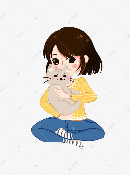 手绘卡通女孩抱着猫咪素材图片免费下载 千库网 