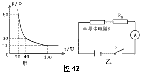 半导体材料的导电能力介于导体和绝缘体之间.其电阻受温度影响较大 如图42甲是某种半导体 材料的电阻随温度变化的关系图像.根据这种半导体材料电阻的特性,小星和他的同学设计了一个电 