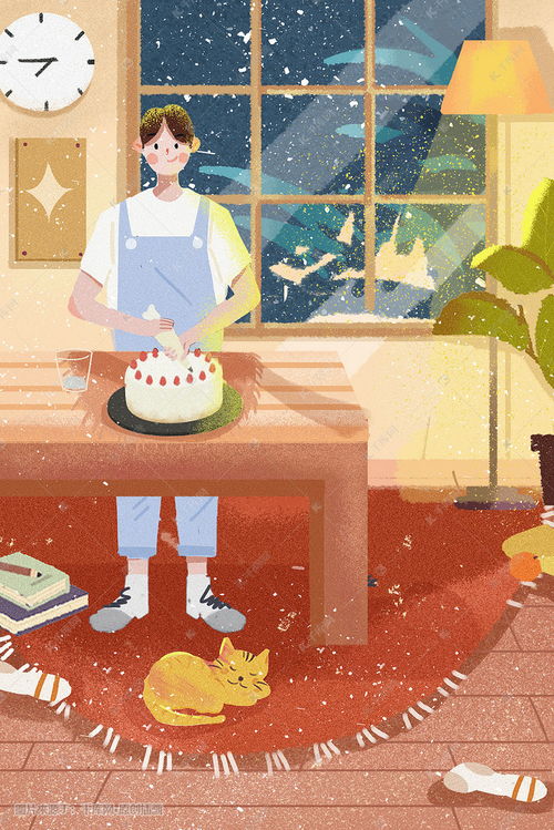 寒假生活方式男孩做蛋糕室内卡通插画图片 千库网 