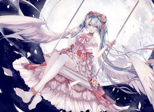 求一张动漫图 是初音,背景是月亮,初音穿着婚纱礼服,坐秋千 