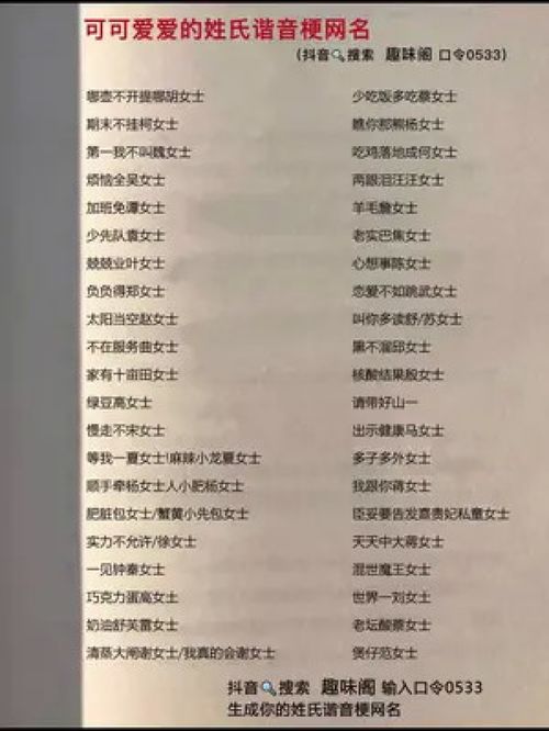 专属姓氏谐音梗网名 ①搜索 趣味阁 ②输入口令 0533就可以生成你的专属谐音梗网名了 姓氏网名 谐音梗网名 趣味阁 